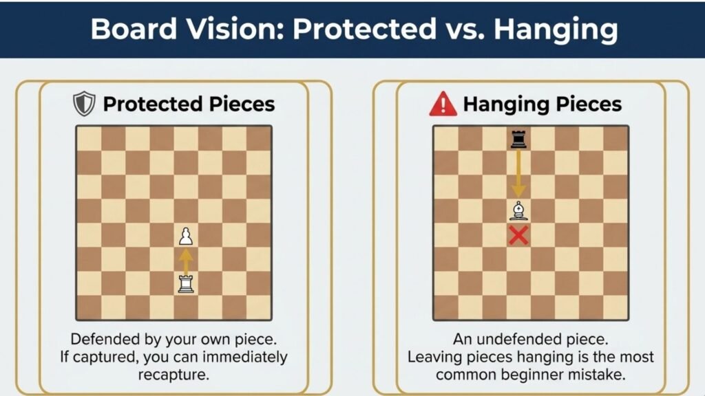 Comparison of protected and hanging chess pieces for beginner players.