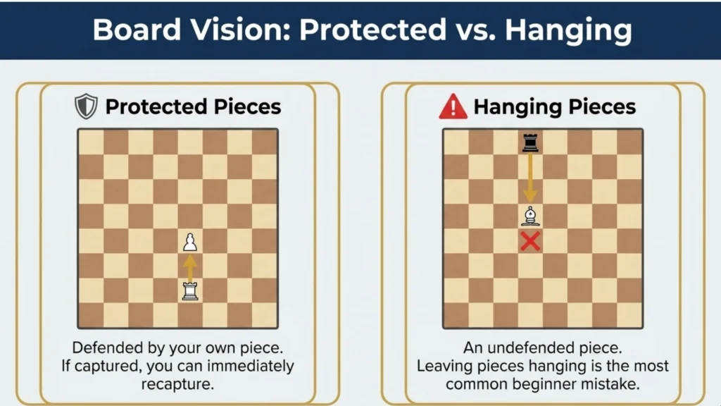 Comparison of protected and hanging chess pieces for beginner players.