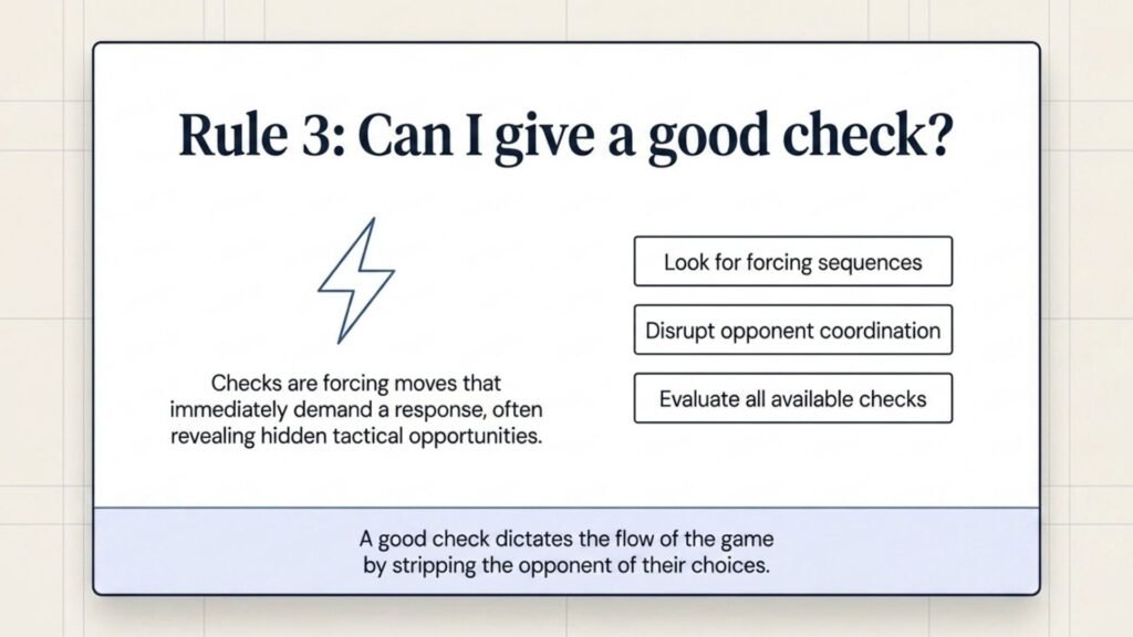 Rule 3 reminds students to examine forcing checks before choosing another move.