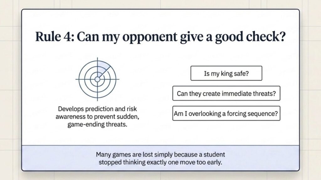 Rule 4 encourages students to check whether the opponent has dangerous forcing moves.