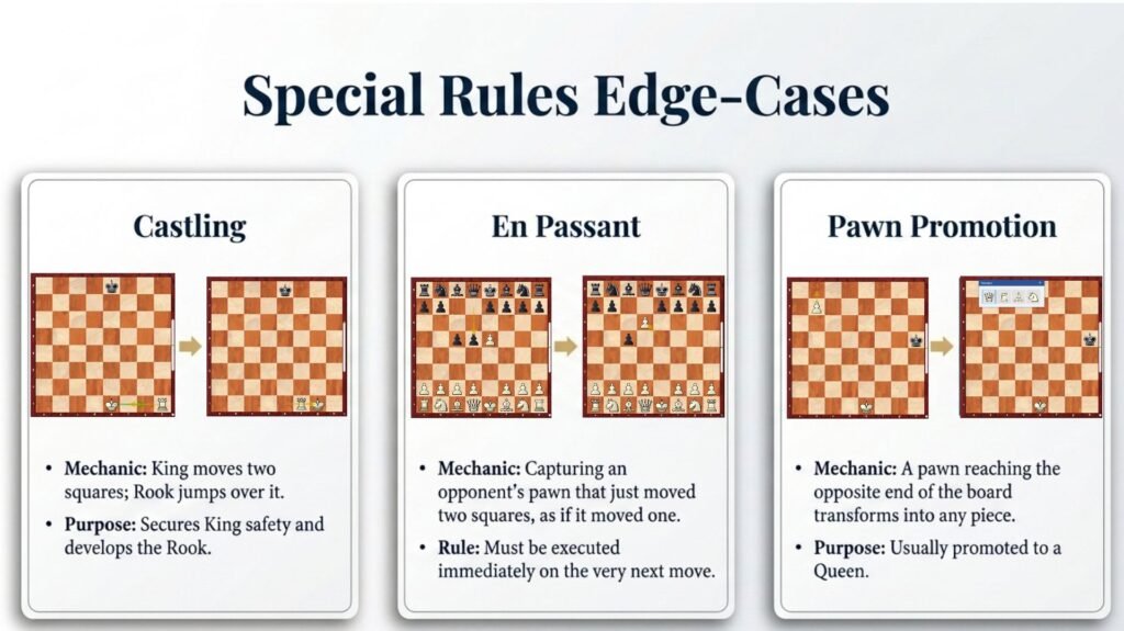 Guide explaining castling, en passant and pawn promotion.