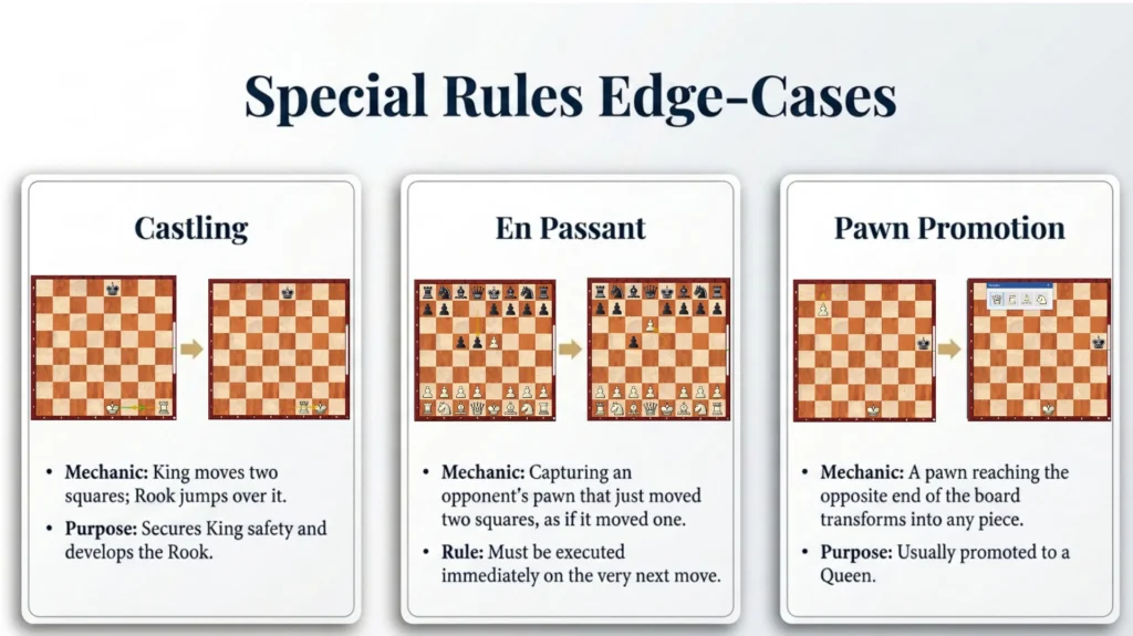 Guide explaining castling, en passant and pawn promotion.