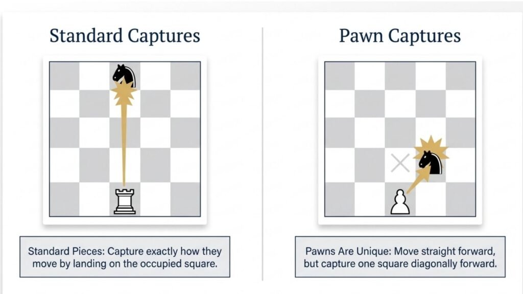 Comparison showing how standard chess pieces capture differently from pawns.