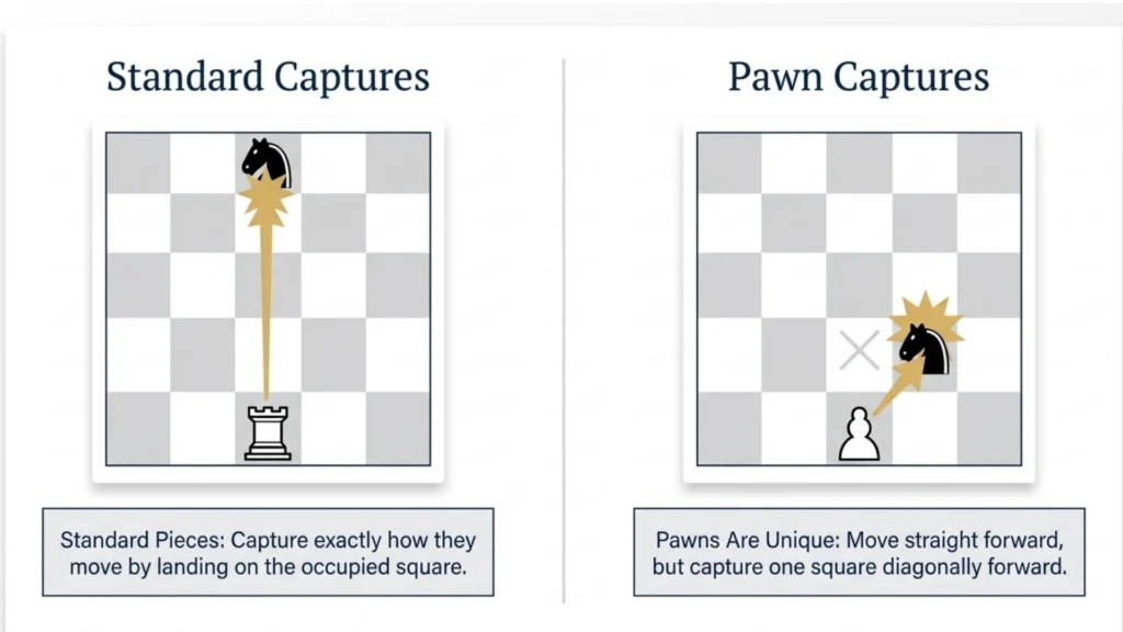 Comparison showing how standard chess pieces capture differently from pawns.
