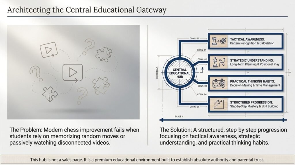 Diagram showing how structured chess learning develops tactical awareness, strategic understanding, practical thinking and long-term improvement.