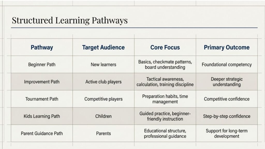 Comparison table showing beginner, improvement, tournament, kids and parent guidance learning paths.