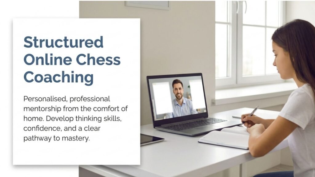 Student attending a structured online chess coaching lesson with a live coach