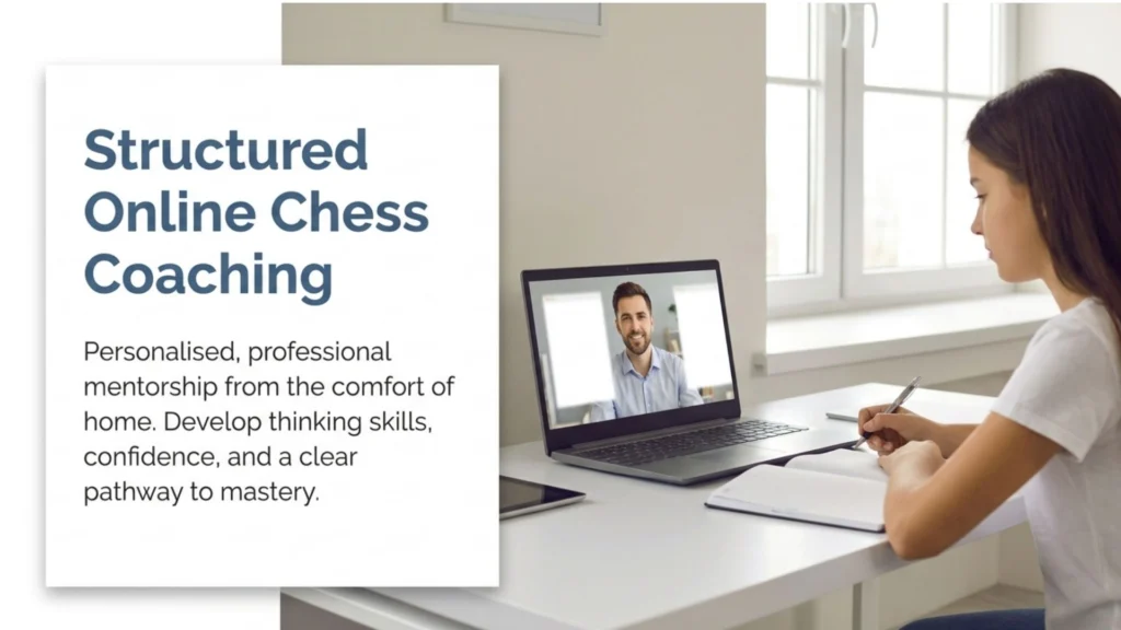 Student attending a structured online chess coaching lesson with a live coach