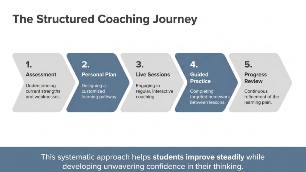 Five-step online chess coaching journey from assessment to progress review