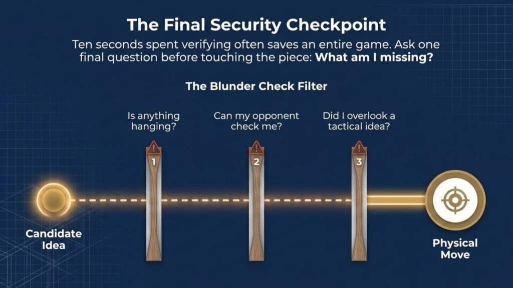 Final chess blunder check showing the verification process before making a move.