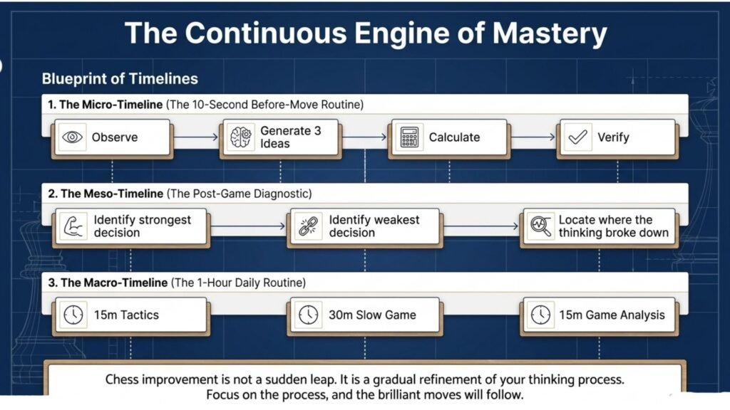 Chess improvement roadmap showing daily thinking routines and long-term learning progression.