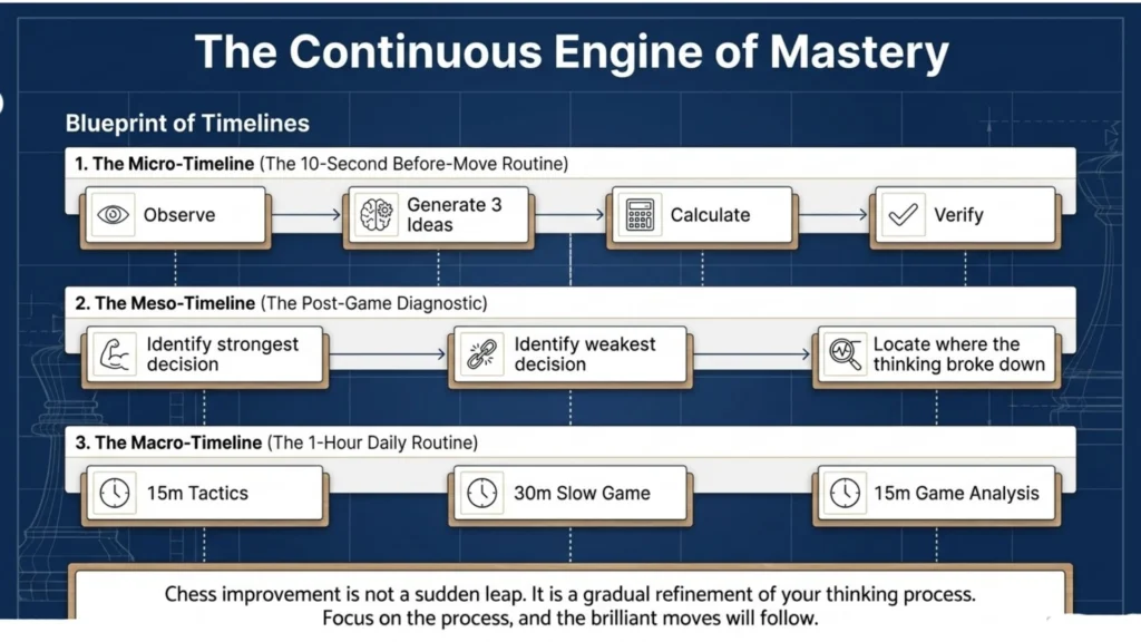 Chess improvement roadmap showing daily thinking routines and long-term learning progression.