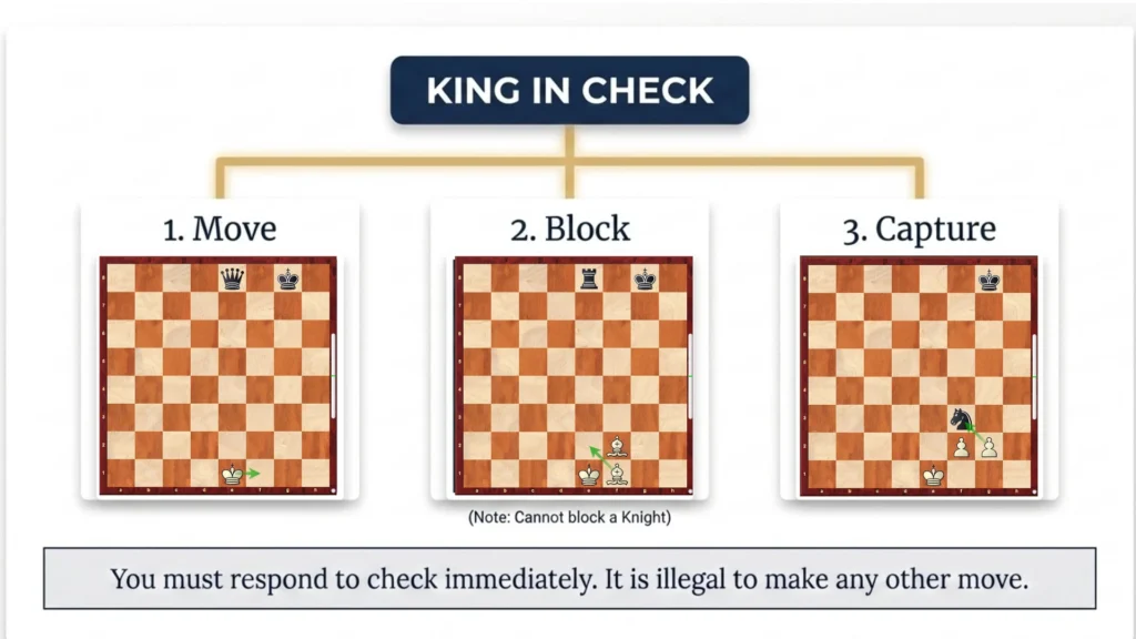 Diagram showing the three legal ways to escape check in chess.