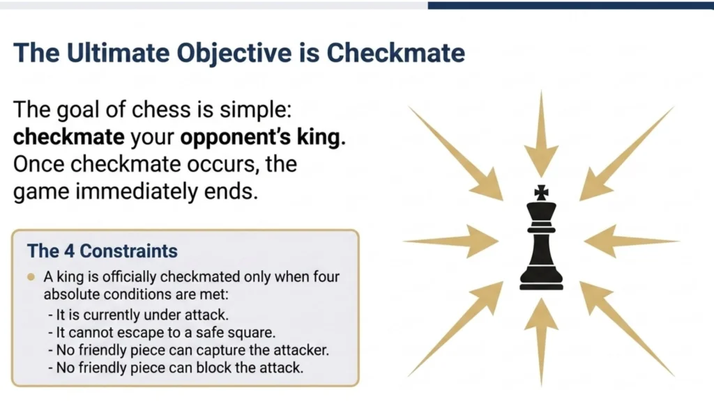 Diagram explaining the objective of chess and the four conditions of checkmate