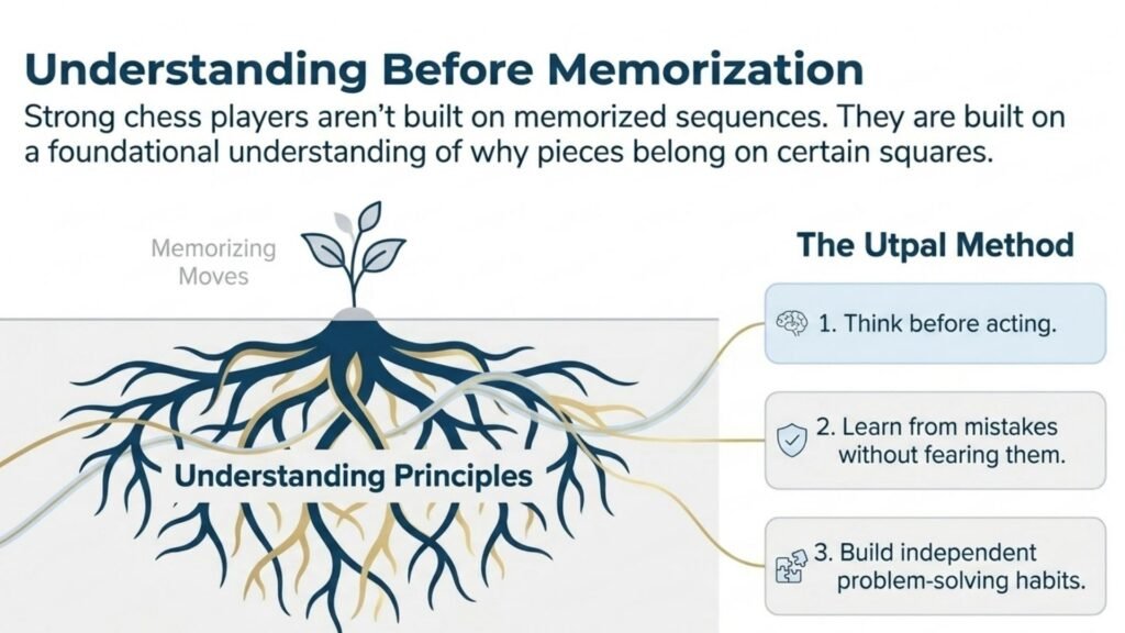 Educational diagram showing that strong chess improvement comes from understanding principles before memorizing moves.