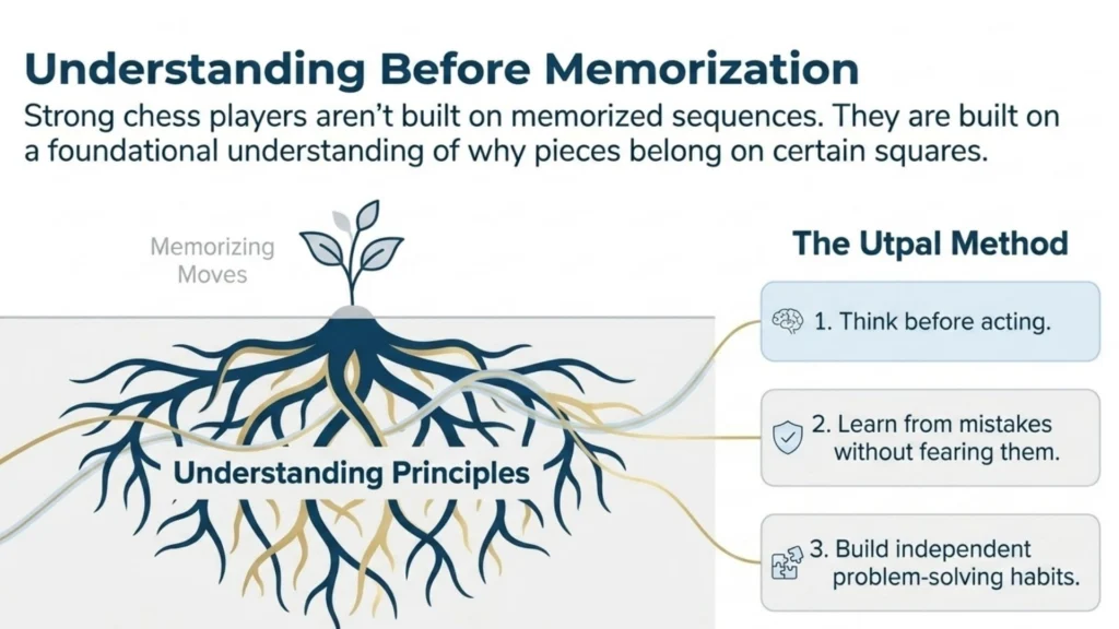 Educational diagram showing that strong chess improvement comes from understanding principles before memorizing moves.