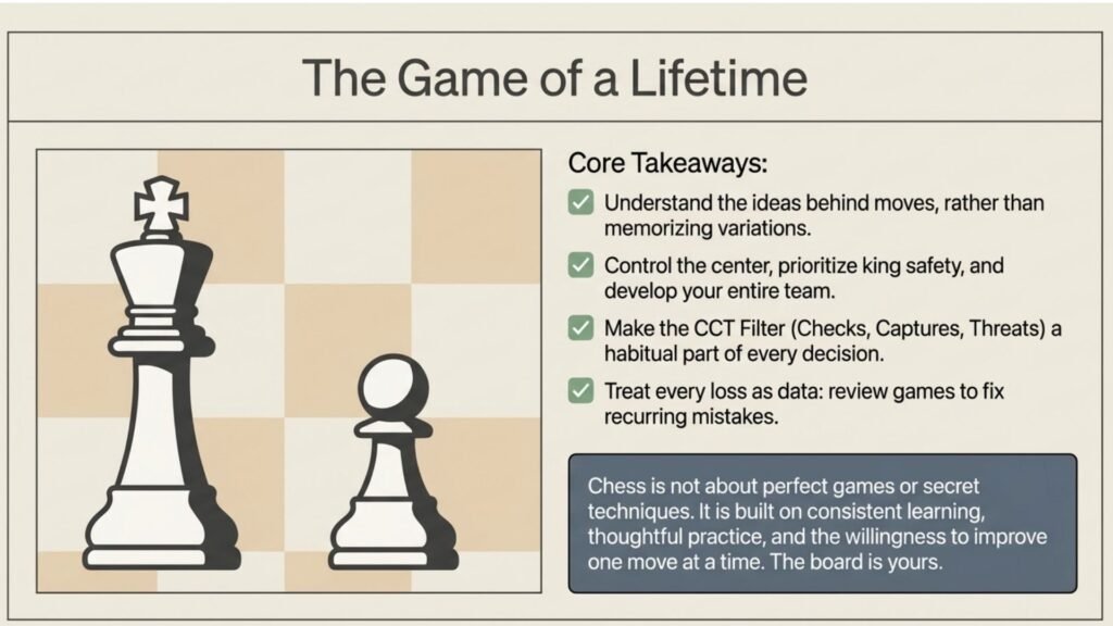 Illustration summarizing the lifelong journey of improving at chess.