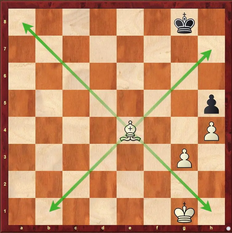 Chess diagram showing how the bishop moves diagonally across the board and controls squares of the same color throughout the game.
