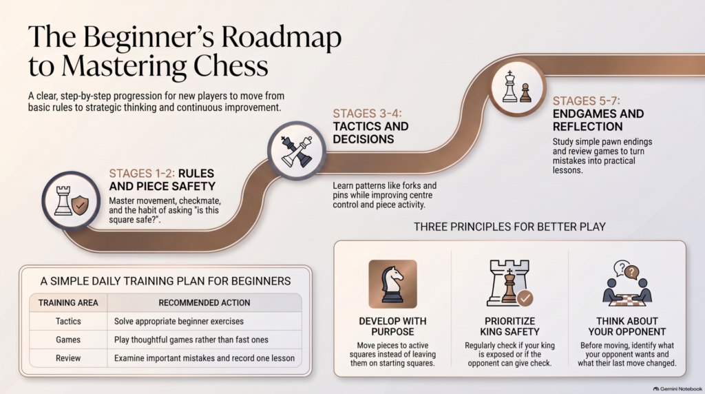 Beginner chess roadmap showing progression from rules and piece safety to tactics, decisions, endgames, and reflection