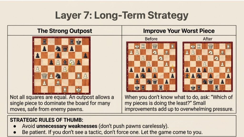 Chess strategy infographic explaining outposts and improving your worst piece.