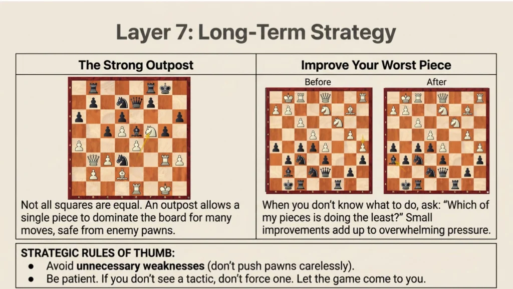 Chess strategy infographic explaining outposts and improving your worst piece.