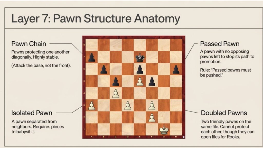 Illustration explaining pawn chains, isolated pawns, doubled pawns, and passed pawns.