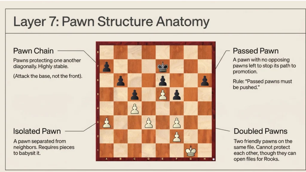 Illustration explaining pawn chains, isolated pawns, doubled pawns, and passed pawns.