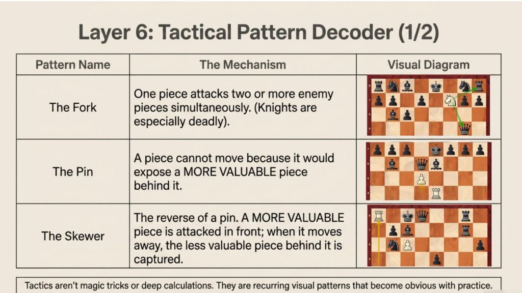 Illustrations explaining forks, pins, and skewers in chess.