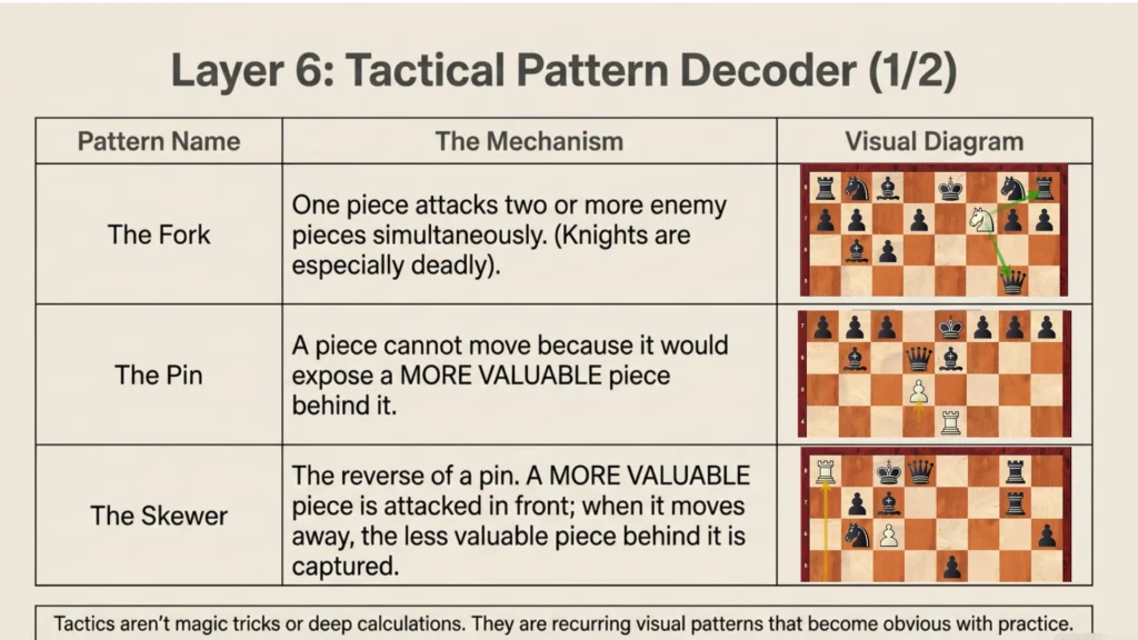 Illustrations explaining forks, pins, and skewers in chess.