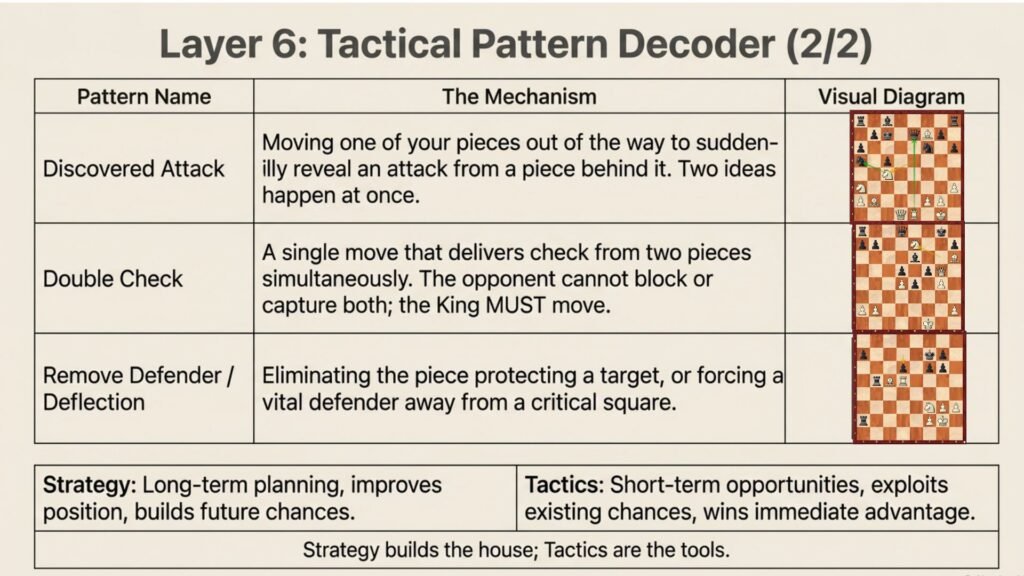 Chess diagrams demonstrating discovered attacks, double checks, and removing defenders.