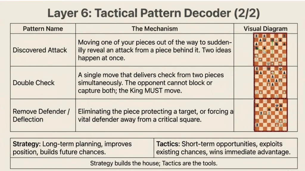 Chess diagrams demonstrating discovered attacks, double checks, and removing defenders.