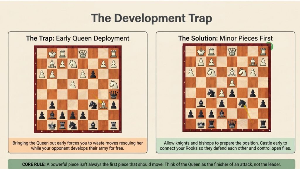Comparison showing why early queen development is a beginner mistake.