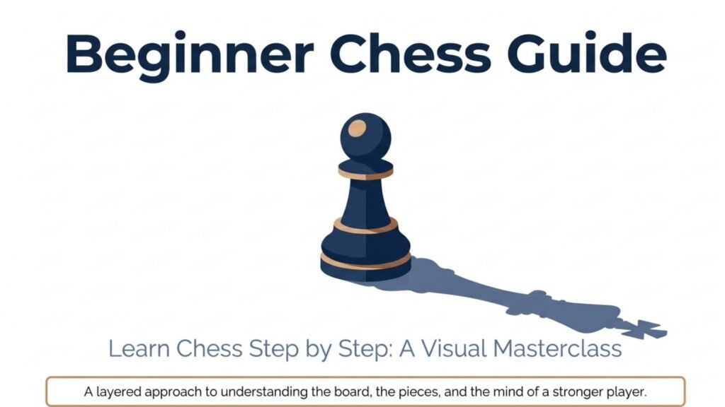 Layered mastery framework infographic showing the step-by-step learning path from chess fundamentals to long-term strategy for beginners.