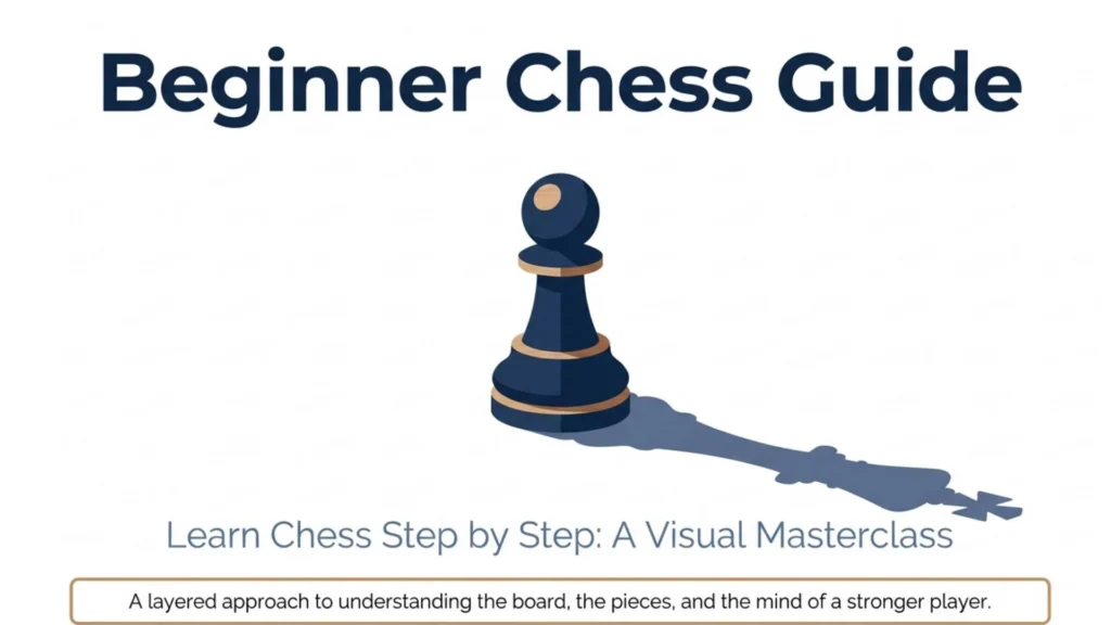 Layered mastery framework infographic showing the step-by-step learning path from chess fundamentals to long-term strategy for beginners.