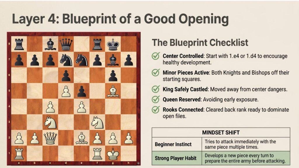 Checklist showing the key principles of a strong chess opening.