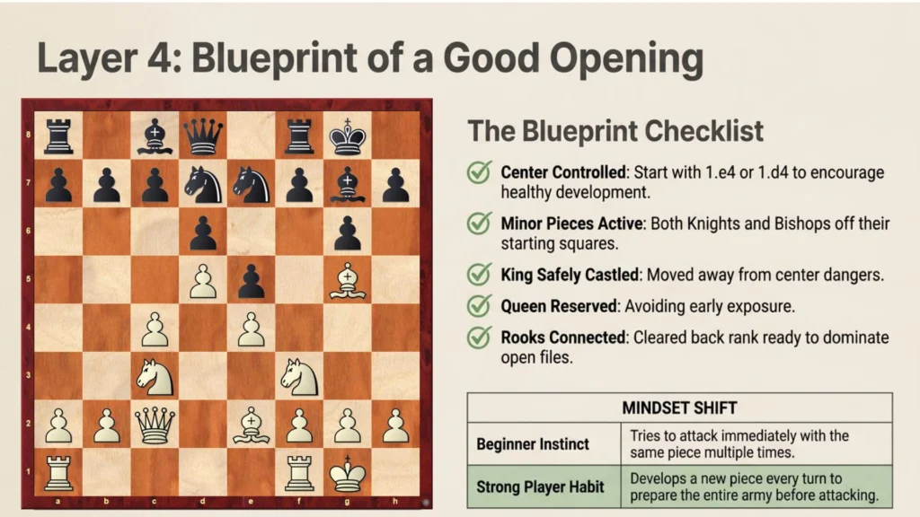 Checklist showing the key principles of a strong chess opening.