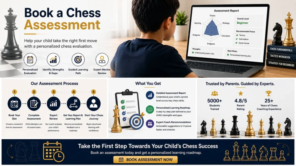 Online chess assessment with coach and student reviewing a chess position