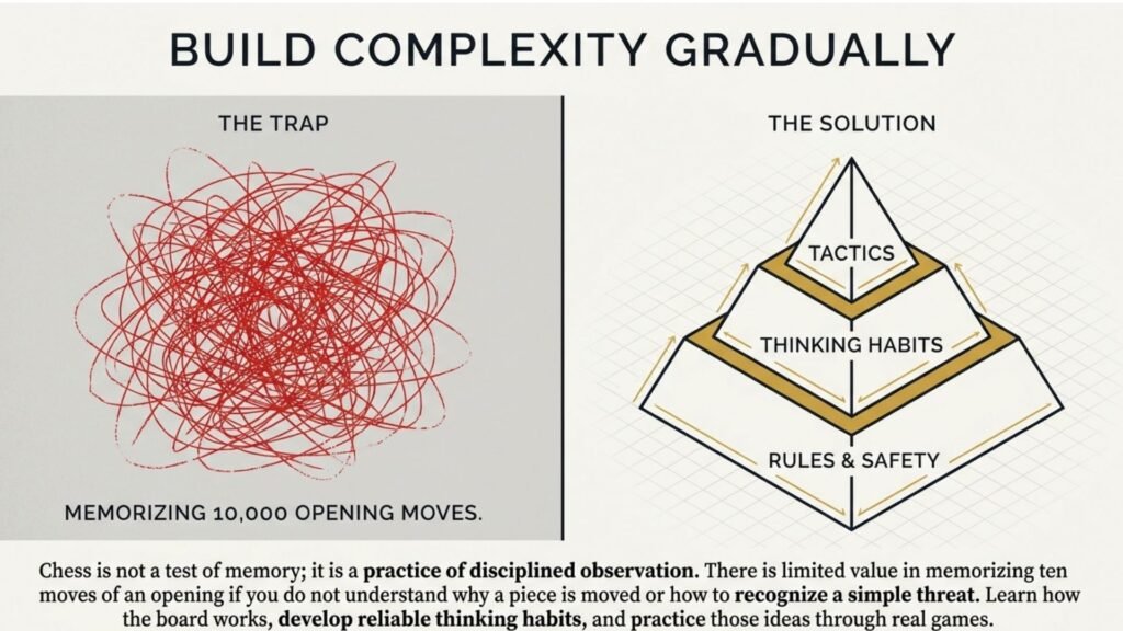Infographic comparing memorization-heavy chess learning with a structured progression from rules to tactics
