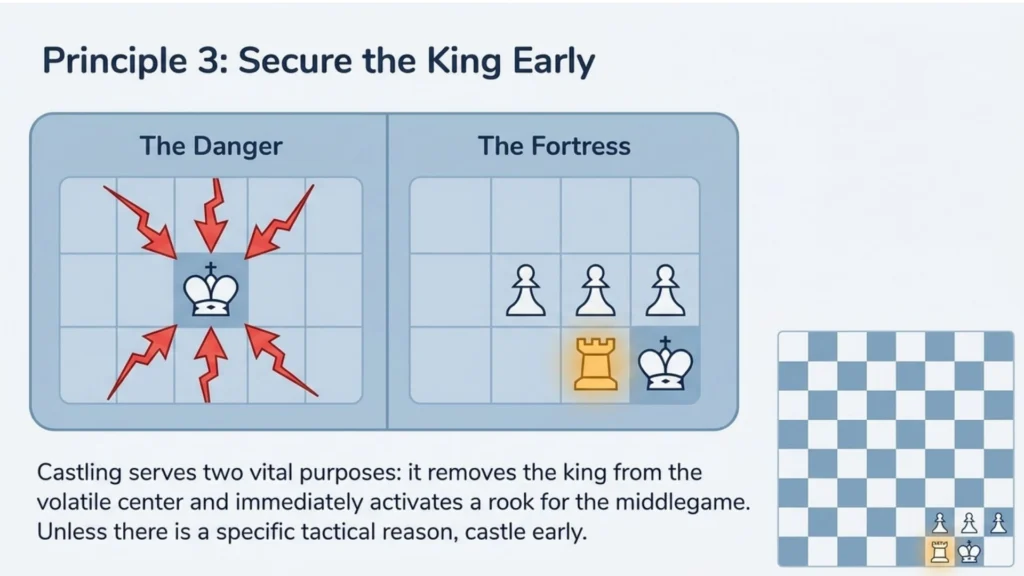 Comparison showing an exposed king versus a safely castled king