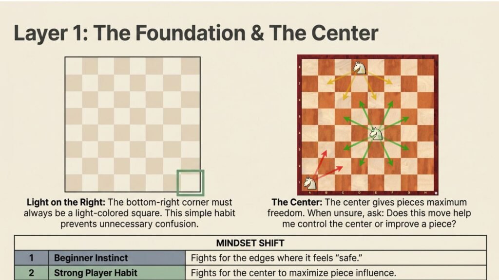 Chess board orientation and center control explained for beginners.