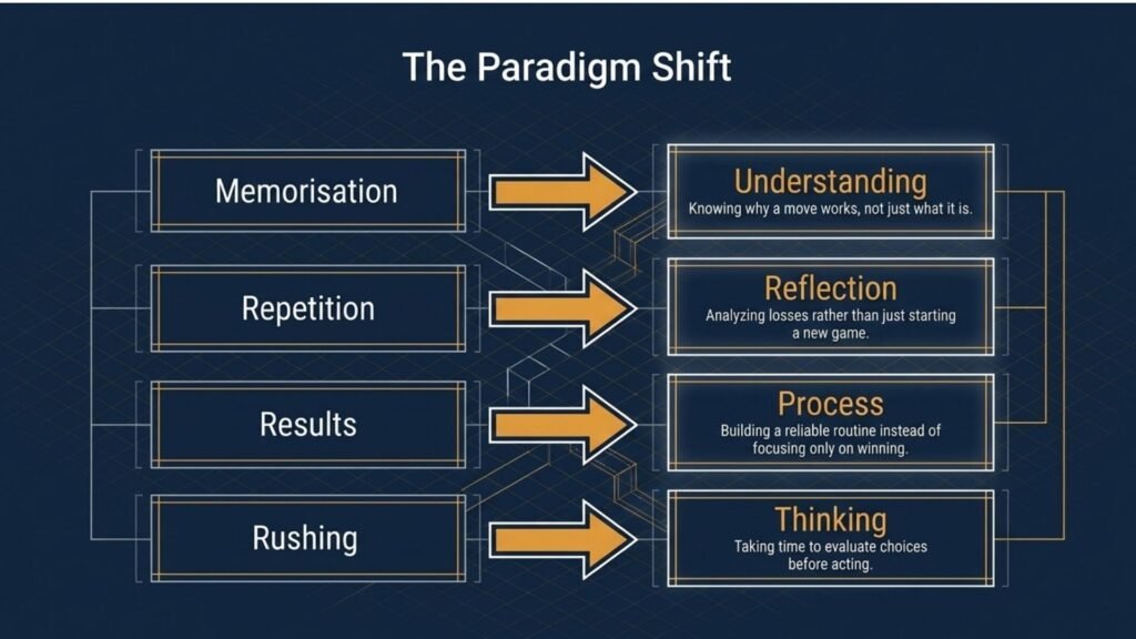 Chess coaching shift from memorisation and repetition toward understanding reflection process and thinking