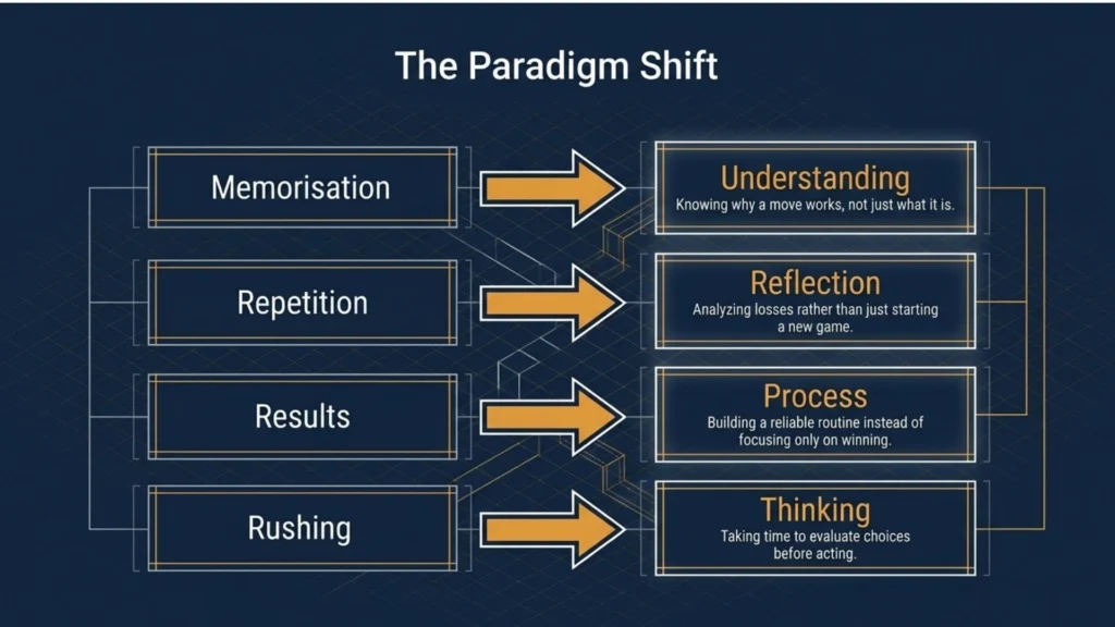 Chess coaching shift from memorisation and repetition toward understanding reflection process and thinking