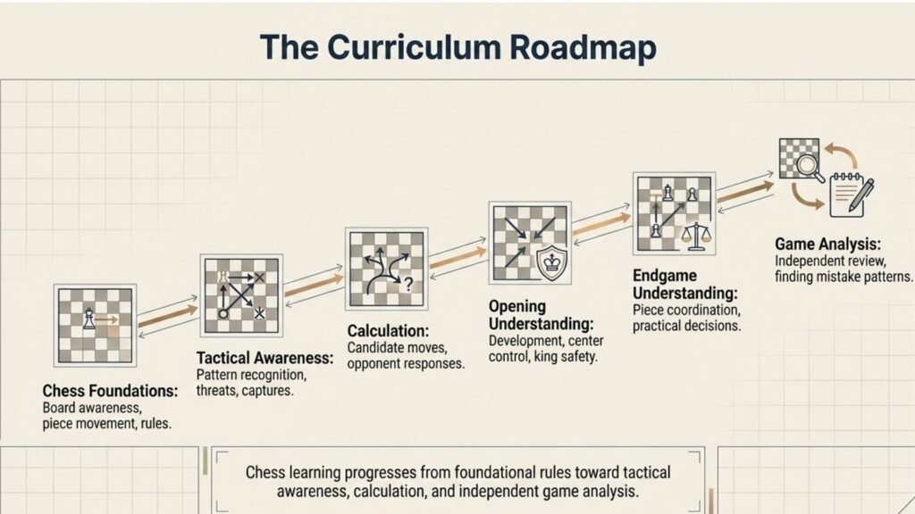 Chess curriculum roadmap showing progression from foundations to advanced learning