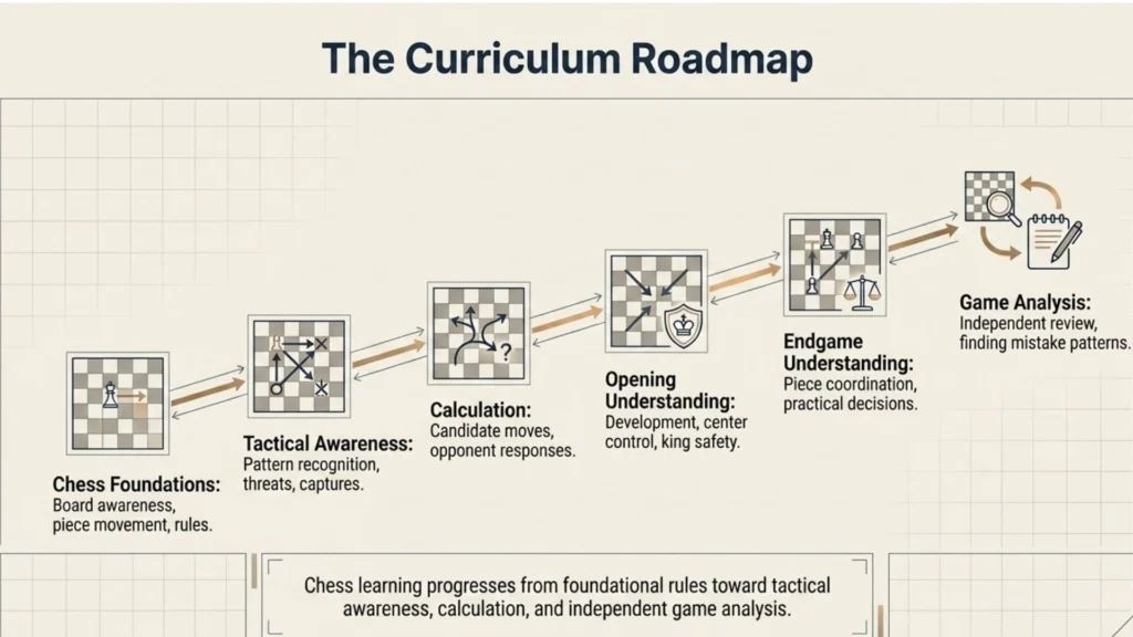 Chess curriculum roadmap showing progression from foundations to advanced learning