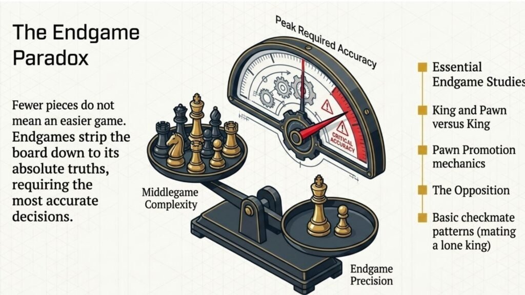Infographic showing why chess endgames require greater precision despite having fewer pieces