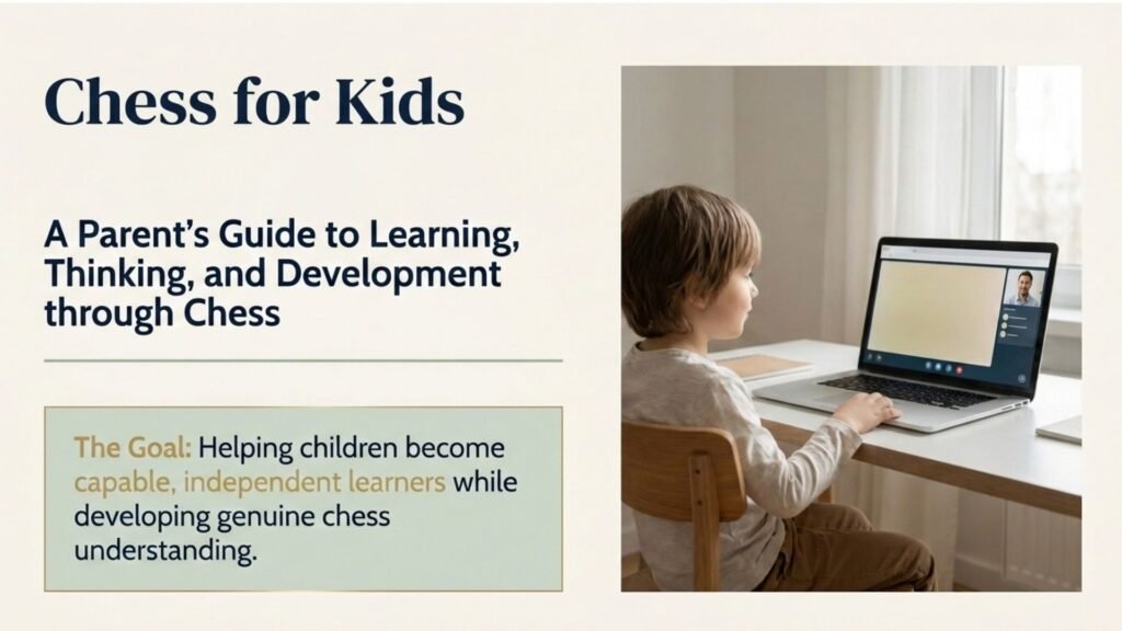 Child learning chess through a structured online lesson