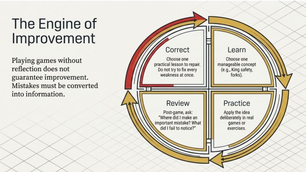 Circular chess improvement cycle showing learn, practice, review, and correct