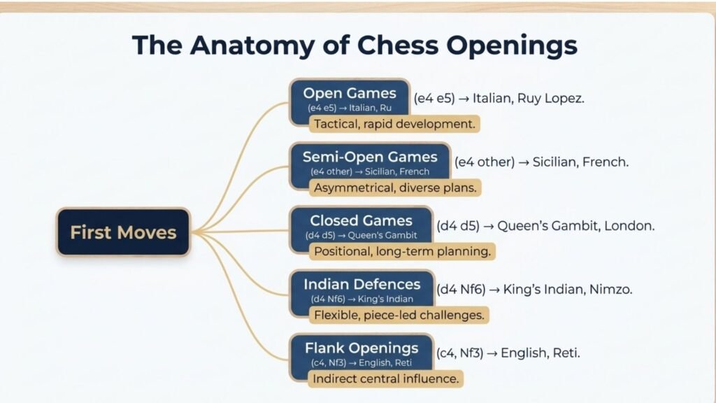 Diagram showing the main families of chess openings