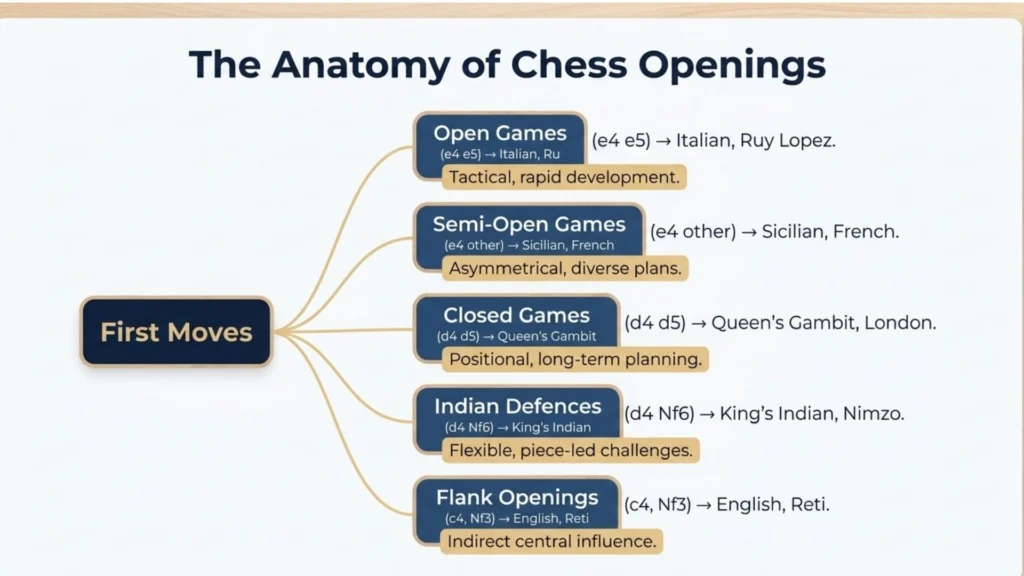 Diagram showing the main families of chess openings
