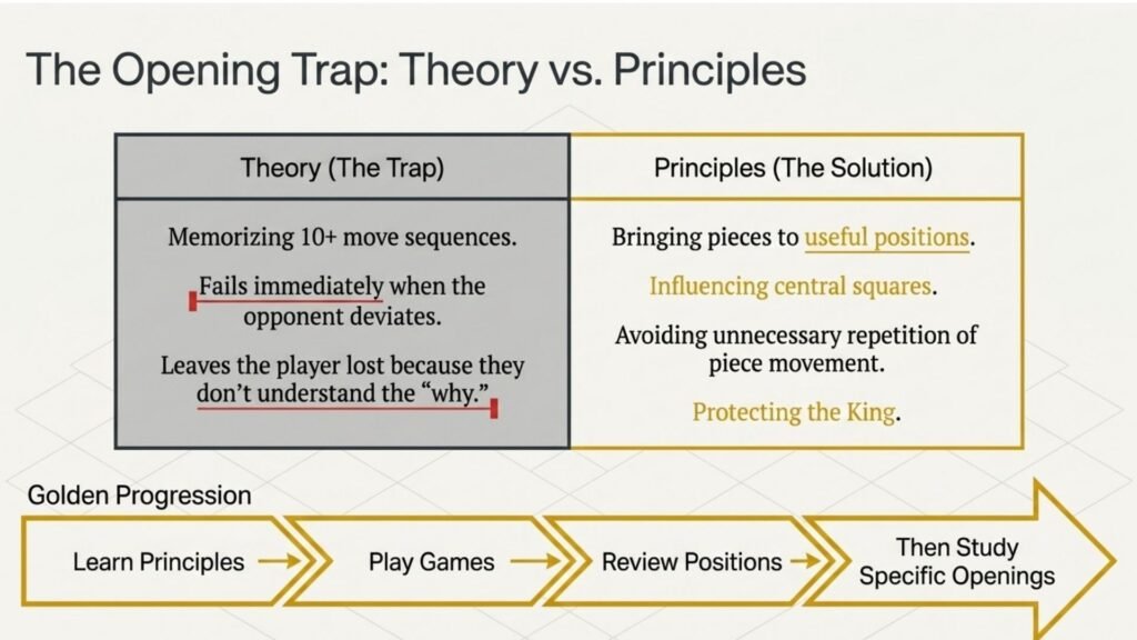Comparison infographic showing opening memorization versus principles such as development, centre control, and king safety